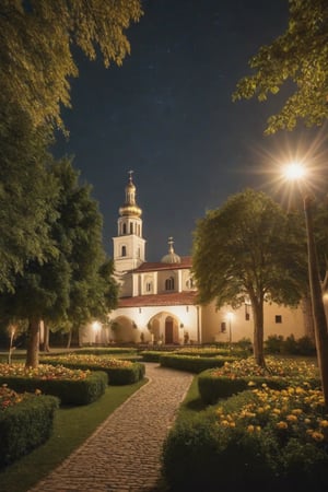 In a plain city, a place of peace and harmony we find a monastery with a beautiful garden, lamps illuminate the facade of the monastery, during the night the place is illuminated, some friars are entering the monastery, trees around it, the stars illuminate the sky, (Better quality) (detailed) (cinematic) HDR, 8k,