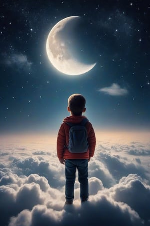 During the night, on top of the clouds a child is amazed as he looks at the stars, the sky is lit up, the moon is shining,