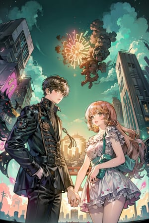 C7b3rp0nkStyle,BOTTOM VIEW, 1boy and 1girls holding hands, looking at viewer, ((many fireworks, sparks, bomb explode on the city skyline)), dark night,Cyberpunk,cyber_asia 