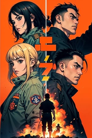 Little boys and girls praying for peace and safe,  japan firefighters and self-defence force working hard, cinematic poster style, orange and blue contrast background, boichi manga style