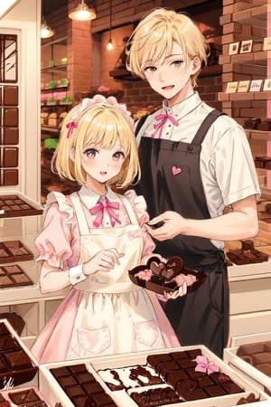 ((1girl, blonde hair)), wear pink patent leather maid, pink dress,white thighhighs,white apron,cross-laced clothes. ((1 male, black short hair)), wear brown apron, shop uniform, ((this man and girl are selling chocolate box set in an indoor chocolate shop together)),  masterpiece, best quality, looking at viewer, vintage fantasy, watercolor, warm pastel colour tone, colourpencil style, close up, valentine's_day 