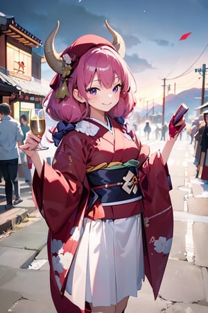 ((masterpiece, best quality, ultra-detailed, very fine 8KCG wallpapers)), 1girl, solo, kawaii, smile, medium breasts, holding glass of Champagne, red beret, red bow ribbon, red gloves, red boots, (kimono), Hollywood night, nice hands, perfect hands, horns,  pink hair,  long hair,  twin braids,  purple eyes,