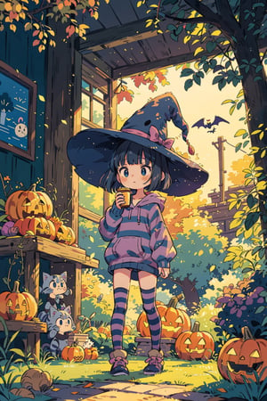 masterpiece, best quality, nice hands, perfect hands, 1 pig man, pale, white skin, bluish_black_hair, bob_cut, straight hair, blunt bangs, dark_blue_eyes, black eyes, flat_chested, halloween striped thighhighs, witch hat, hoodie, shy, blush, animal, cat, cozy, fall, autumn, coffee, falling leaves, pumpkins, blanket, clutter, window, ghibli studio style,ghibli style, cinematic light, cinematic view, High detailed,