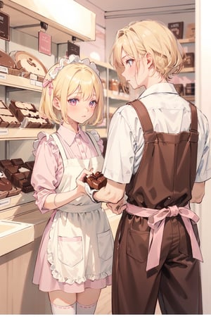 ((1girl, blonde hair)), wear pink patent leather maid, pink dress,white thighhighs,white apron,cross-laced clothes. ((1 male, black short hair)), wear brown apron, trousers, shop uniform, ((this man and girl are selling chocolate box set in an indoor chocolate shop together)),  masterpiece, best quality, looking at viewer, vintage fantasy, watercolor, warm pastel colour tone, colourpencil style, close up, valentine's_day 