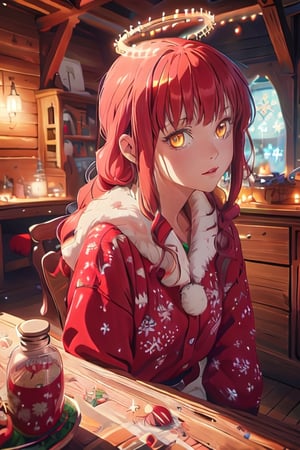 Christmas red dress, donut halo, masterpiece, best quality, illustration, hyper detailed, HD, Professional Lighting, Physically Based Rendering, Cinematic Lighting, accurate anatomy. Radiant colors, intense colors, yellow eyes, red hair, mysterious smile, looking at viewer, facing viewer, anime key visual, dramatic lighting, golden hour, csm anime style, grimdark, anime, manga style, digital painting, pixiv, artstation, semirealistic, intricate details, hires, masterpiece, best quality, absurdres, 
perfecteyes,makimacsm,csm anime style