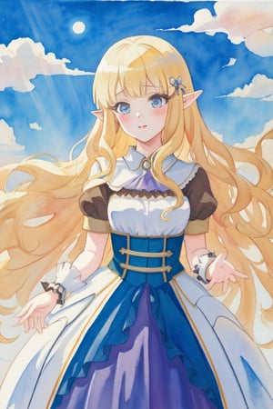 masterpiece,best quality,asterpiece,beautiful,riyo (lyomsnpmp) (style),watercolor, anime, 2d, colourpencil line, blue sky and white clouds,Outdoor,The warm sunshine, 1 girl, elf, princess, dark lolita dress, gold hair, long blonde hair, perfect hands, cartoon, break, ink painting,EpicArt