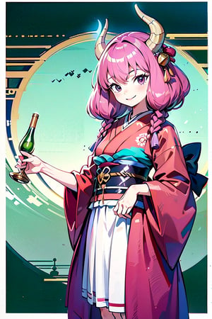 ((masterpiece, best quality, ultra-detailed, very fine 8KCG wallpapers)), 1girl, solo, kawaii, smile, medium breasts, holding glass of Champagne, red beret, red bow ribbon, red gloves, red boots, (kimono), Hollywood night, nice hands, perfect hands, horns,  pink hair,  long hair,  twin braids,  purple eyes,