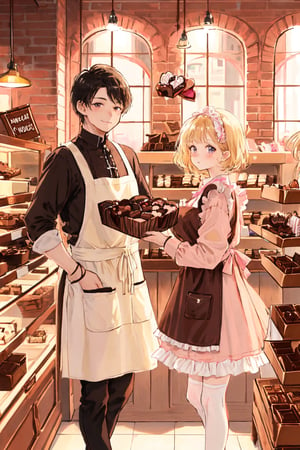 ((1girl, blonde hair)), wear pink patent leather maid, pink dress,white thighhighs,white apron,cross-laced clothes. ((1 male, black short hair)), wear brown apron, shop uniform, ((this man and girl are selling chocolate box set in an indoor chocolate shop together)),  masterpiece, best quality, looking at viewer, vintage fantasy, watercolor, warm pastel colour tone, colourpencil style, close up, valentine's_day 