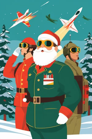 chritmas, santa claus, portrait, goggles, flightsuit, pilot, military_uniform, salute, handsome, gift missiles, gift projecting with fire, pine trees 0.8 AND jet fighters 0.3, flat vector, vector, flat colouring, illustration, 