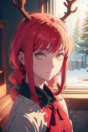 Christmas red dress, donut halo, angel, masterpiece, best quality, illustration, hyper detailed, HD, Professional Lighting, Physically Based Rendering, Cinematic Lighting, accurate anatomy. Radiant colors, intense colors, yellow eyes, red hair, mysterious smile, looking at viewer, facing viewer, anime key visual, dramatic lighting, golden hour, csm anime style, grimdark, anime, manga style, digital painting, pixiv, artstation, semirealistic, intricate details, hires, masterpiece, best quality, absurdres, 
perfecteyes,makimacsm,csm anime style, REINDEER COSTUME