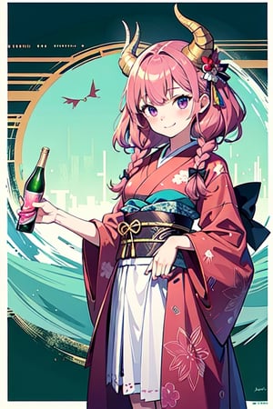 ((masterpiece, best quality, ultra-detailed, very fine 8KCG wallpapers)), 1girl, solo, kawaii, smile, medium breasts, holding bottle of Champagne, red beret, red bow ribbon, red gloves, red boots, (kimono), Hollywood night, nice hands, perfect hands, horns,  pink hair,  long hair,  twin braids,  purple eyes,