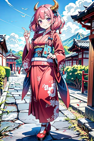 ((masterpiece, best quality, ultra-detailed, very fine 8KCG wallpapers)), 1girl, solo, kawaii, smile, medium breasts, (Japanese tote bag), red beret, red bow ribbon, red gloves, red boots, (kimono), winter sunny day, Japanese temple, nice hands, perfect hands, horns,  pink hair,  long hair,  twin braids,  purple eyes,