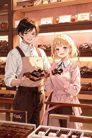 ((1girl, smile, blonde hair)), wear pink patent leather maid, pink dress,white thighhighs,white apron,cross-laced clothes. ((1 male, black short hair)), wear brown apron, trousers, shop uniform, ((this man and girl are selling chocolate box set in an indoor chocolate shop together)),  masterpiece, best quality, looking at viewer, vintage fantasy, watercolor, warm pastel colour tone, colourpencil style, close up, valentine's_day 