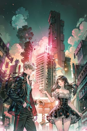 C7b3rp0nkStyle,BOTTOM VIEW, 1boy and 1girls holding hands, looking at viewer, ((many fireworks, sparks, bomb explode on the city skyline)), dark night,Cyberpunk,cyber_asia ,Cyberpunk,Cyberpunk