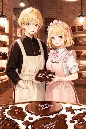 ((1girl, blonde hair)), wear pink patent leather maid, pink dress,white thighhighs,white apron,cross-laced clothes. ((1 male, black short hair)), wear brown apron, shop uniform, ((this man and girl selling chocolate box set in an indoor chocolate shop together)),  masterpiece, best quality, looking at viewer, vintage fantasy, watercolor, warm pastel colour tone, colourpencil style, close up, they stand opposite from each other, valentine's_day 