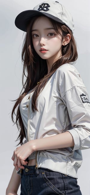 4k,best quality,masterpiece,1girl,(cropped jacket),(demin pant), smile,baseball cap,

(Beautiful and detailed eyes),
Detailed face, detailed eyes, double eyelids ,thin face, real hands,
((short hair with long locks:1.2)),brown-hair, white background,


real person, color splash style photo,
,Yewon