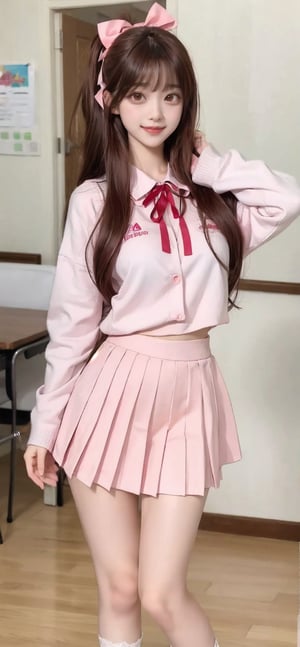 (masterpiece, 4k), 2d, anime, 1girl, monika, school uniform, dark red pleated skirt, red eyes, brown hair, very long hair, hair ribbon, pink ribbon, mature female, beautiful, detailed, smile, slim, solo, standing, indoors, front view, sfw,girl ,Yewon,SUZUKA NAKAMOTO,realhands,Asia