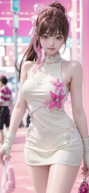 Masterpiece in 4K resolution: Monika, a stunning Taiwanese woman with long brown hair tied with a pink ribbon, shines brightly against a neon-lit night background. Her slender physique is showcased as she confidently sports a captivating smile. Her eyes glow like rubies
