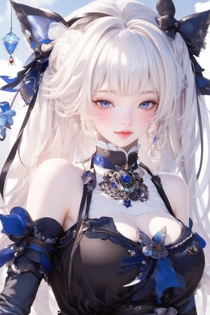 busty and sexy girl, 8k, masterpiece, ultra-realistic, best quality, high resolution, high definition, 1girl, solo, long hair, looking at viewer, blush, bangs, blue eyes, dress, bow, ribbon, jewelry, closed mouth, hair ribbon, upper body, white hair, hair bow, earrings, frills, black dress, parted bangs, eyelashes, blue bow, blue ribbon, pale skin, red lips