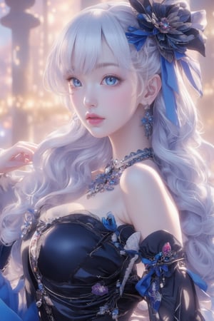 busty and sexy girl, 8k, masterpiece, ultra-realistic, best quality, high resolution, high definition, 1girl, solo, long hair, looking at viewer, blush, bangs, blue eyes, dress, bow, ribbon, jewelry, closed mouth, hair ribbon, upper body, white hair, hair bow, earrings, frills, black dress, parted bangs, eyelashes, blue bow, blue ribbon, pale skin, red lips