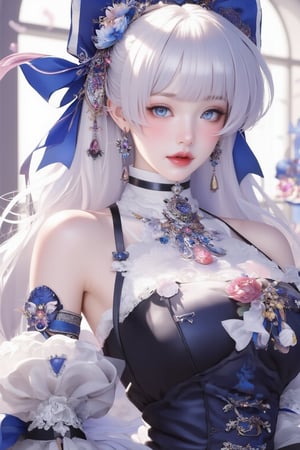 busty and sexy girl, 8k, masterpiece, ultra-realistic, best quality, high resolution, high definition, 1girl, solo, long hair, looking at viewer, blush, bangs, blue eyes, dress, bow, ribbon, jewelry, closed mouth, hair ribbon, upper body, white hair, hair bow, earrings, frills, black dress, parted bangs, eyelashes, blue bow, blue ribbon, pale skin, red lips