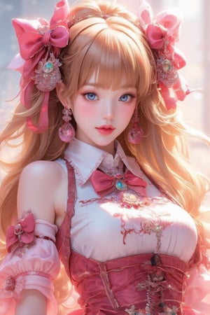 busty and sexy girl, 8k, masterpiece, ultra-realistic, best quality, high resolution, high definition, 1girl, solo, long hair, looking at viewer, bangs, blue eyes, blonde hair, bow, ribbon, jewelry, closed mouth, hair ribbon, white shirt, upper body, hair bow, earrings, frills, bowtie, lips, book, wavy hair, pink bow, red lips