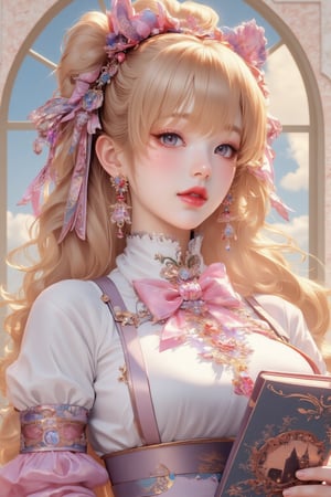 busty and sexy girl, 8k, masterpiece, ultra-realistic, best quality, high resolution, high definition, 1girl, solo, long hair, looking at viewer, bangs, blue eyes, blonde hair, bow, ribbon, jewelry, closed mouth, hair ribbon, white shirt, upper body, hair bow, earrings, frills, bowtie, lips, book, wavy hair, pink bow, red lips