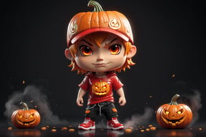 chibi, fullbody potrait of (((jack o lantern head))),  fallen angel, chibi style, 3d style, red tee shirt, black jeans with red range belt, and red nike shoes with white nike logo and white laces, AngelicStyle