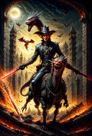 cowboy handsome,, riding a dragon, holding sword, embers, deserted city, male focus, gloves, smile, long sleeves, blood, 