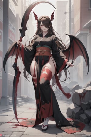 anatomically correct, 8k,  UHD,  High quality,  awesome,  ultra high resolution, best quality,  masterpiece,  1girl,  lightbrown_hair,  long_hair, long_sleeve,  hair over one eye  red eyes,  solo_female,  with bloody wings,  holding bloody scythe,  full body,  traditional_japanese_clothes,  curvy_figure