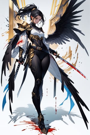 8k, High quality, awesome, ultra high resolution,best quality, masterpiece, 1girl, black-hair, long pony tail, gold_eyes, solo_female, with bloody white wings, holding bloody katana, full body, armor, curvy_figure