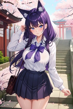 1girl, school_uniform, best quality, masterpiece, violet hair, light_blue_eyes,  shorthair, hair over eyes, tomboy, giant_breasts, curvy_figure, stairs, cherry blossoms, temple,fox girl, rainy, exposed_pussy