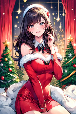 Portrait of beautiful girl,
(finely best quality illustration:1.2), (kawaii girl:1.0), (1girl, 1man:1.0),   (medium breasts:1.0), (smile:0.8), (ultra-detailed, highres:1.0),.masterpiece,best quality,incredibly  detail eyes,shore, 

high detail eyes, show full body, nice body
, age 18, medium breasts, seductive face ,High detailed ,Wenny, wavy hair, long hair, wearing idol costume,masterpiece,incredibly absurdres,high detail eyes,,  snow, indoors, more_than_one_pose, nice background, black hair, no sleeves, big smile,, short skirt,transparent blouse, santa costume,incoming hug,midjourney, black thigh high, bare_shoulders , christmas, christmas tree