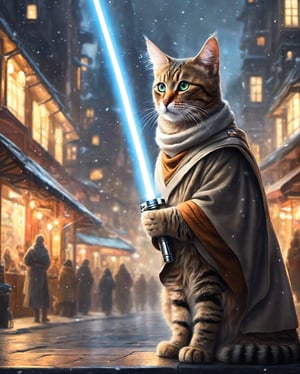 Cat become a jedi,
(finely best quality illustration:1.2), , (ultra-detailed, highres:1.0),.masterpiece,best quality,incredibly  detail eyes,shore, 

high detail eyes, nice background
, High detailed ,masterpiece,incredibly absurdres,high detail eyes,, christmas, snow, outdoors, more_than_one_pose, sunny day, random expression, city, massive people walking at city, city crowded,aw0k cat, star wars, jedi, standing cat, hold a light saber, hand like human