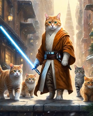 Cat become a jedi,
(finely best quality illustration:1.2), , (ultra-detailed, highres:1.0),.masterpiece,best quality,incredibly  detail eyes,shore, 

high detail eyes, nice background
, High detailed ,masterpiece,incredibly absurdres,high detail eyes,, christmas, snow, outdoors, more_than_one_pose, sunny day, random expression, city, massive people walking at city, city crowded,aw0k cat, star wars, jedi, standing cat, hold a light saber