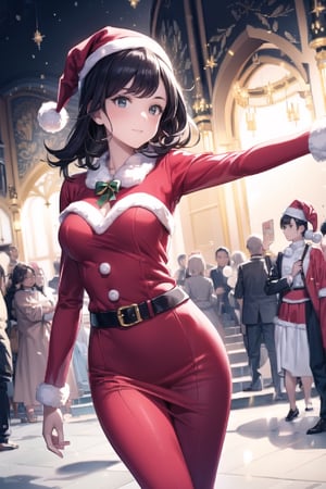 vibrant colors, female, masterpiece, sharp focus, best quality, depth of field, cinematic lighting, ((solo, one man )), (illustration, 8k CG, extremely detailed), masterpiece, ultra-detailed, in a burst of energy and radiance, a santa girl with her vibrant presence. The detailed illustration captures the spirit of christmas, exuding both grace and enthusiasm,
dressed in the spirited colors of her santa uniform, she moves with precision and elegance. The backdrop echoes the energy of a spirited crowd on christmas,  Her captivating presence shines through, making her the focal point in this moment of christmas event radiance, the illustration paints a dazzling portrait of a beautiful girl in motion,  creating a scene filled with energy and beauty, cute female, Black hair, long hair, Wenny.,Wenny,masterpiece,best quality