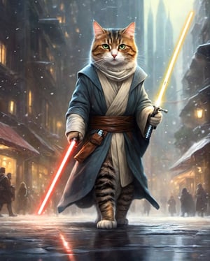 Cat become a jedi,
(finely best quality illustration:1.2), , (ultra-detailed, highres:1.0),.masterpiece,best quality,incredibly  detail eyes,shore, 

high detail eyes, nice background
, High detailed ,masterpiece,incredibly absurdres,high detail eyes,, christmas, snow, outdoors, more_than_one_pose, sunny day, random expression, city, massive people walking at city, city crowded,aw0k cat, star wars, jedi, standing cat, hold a light saber, hand like human