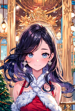 Portrait of beautiful girl,
(finely best quality illustration:1.2), (kawaii girl:1.0), (1girl, 1man:1.0),   (medium breasts:1.0), (smile:0.8), (ultra-detailed, highres:1.0),.masterpiece,best quality,incredibly  detail eyes,shore, 

high detail eyes, show full body, nice body
, age 18, medium breasts, seductive face ,High detailed ,Wenny, wavy hair, long hair, wearing idol costume,masterpiece,incredibly absurdres,high detail eyes,,  snow, indoors, more_than_one_pose, nice background, black hair, no sleeves, big smile,, short skirt,transparent blouse, santa costume,incoming hug,midjourney, black thigh high, bare_shoulders , christmas, christmas tree