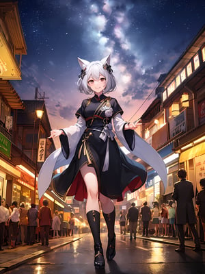 A woman looking into the sky, starry_sky, in the malioboro street, smile, amazing, midnight,masterpiece , erune, fox_ears, pulling viewer hand, running