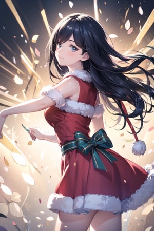 vibrant colors, female, masterpiece, sharp focus, best quality, depth of field, cinematic lighting, ((solo, one man )), (illustration, 8k CG, extremely detailed), masterpiece, ultra-detailed, in a burst of energy and radiance, a santa girl with her vibrant presence. The detailed illustration captures the spirit of christmas, exuding both grace and enthusiasm,
dressed in the spirited colors of her santa uniform, she moves with precision and elegance. The backdrop echoes the energy of a spirited crowd on christmas,  Her captivating presence shines through, making her the focal point in this moment of christmas event radiance, the illustration paints a dazzling portrait of a beautiful girl in motion,  creating a scene filled with energy and beauty, cute female, Black hair, long hair, Wenny.,Wenny,masterpiece,best quality