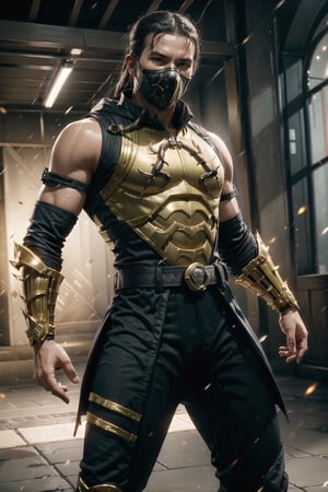 vibrant colors, male, masterpiece, sharp focus, best quality, depth of field, cinematic lighting, ((solo, one man )), (illustration, 8k CG, extremely detailed), masterpiece, ultra-detailed, Mr.Bro, wearing scorpion mortal kombat Suit, full in action,masterpiece