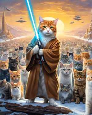 Cat become a jedi,
(finely best quality illustration:1.2), , (ultra-detailed, highres:1.0),.masterpiece,best quality,incredibly  detail eyes,shore, 

high detail eyes, nice background
, High detailed ,masterpiece,incredibly absurdres,high detail eyes,, christmas, snow, outdoors, more_than_one_pose, sunny day, random expression, city, massive people walking at city, city crowded,aw0k cat, star wars, jedi, standing cat, hold a light saber