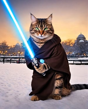 Cat become a jedi,
(finely best quality illustration:1.2), , (ultra-detailed, highres:1.0),.masterpiece,best quality,incredibly  detail eyes,shore, 

high detail eyes, nice background
, High detailed ,masterpiece,incredibly absurdres,high detail eyes,, christmas, snow, outdoors, more_than_one_pose, sunny day, random expression, city, massive people walking at city, city crowded,aw0k cat, star wars, jedi, standing cat, hold a light saber, hand like human