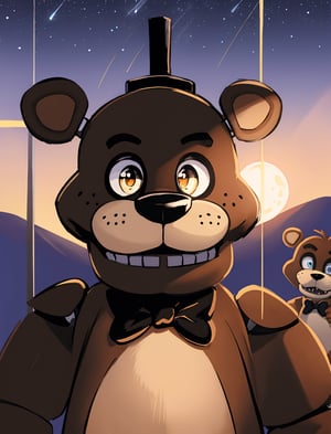 (finely best quality illustration:1.2), , (ultra-detailed, highres:1.0),.masterpiece,best quality,incredibly  detail eyes,shore, 

outdoors, starry_sky, scenery, midnight, ,masterpiece,cloudstick,incredibly absurdres,high detail eyes,, tall body

freddy, brown fur,freddy, animatronics,freddy fazbear, doing a ninja movement, glow eyes