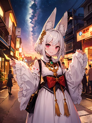 A woman looking into the sky, starry_sky, in the malioboro street, smile, amazing, midnight,masterpiece , erune, fox_ears