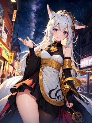 A woman looking into the sky, starry_sky, in the malioboro street, smile, amazing, midnight,masterpiece , erune, fox_ears