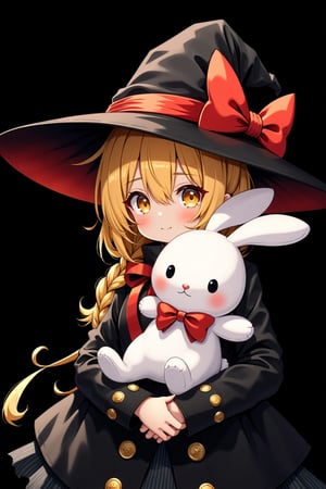 8k, detailed, anime art style, a young girl with blonde hair with braid and orange eyes. She is wearing a black witch hat with a large red bow on top. The hat is wide-brimmed and has a pointed brim. The girl is holding a big bunny toy in her arms. She has a red ribbon tied around her neck and a black coat with gold buttons. The background is black, making the girl and the bunny stand out.