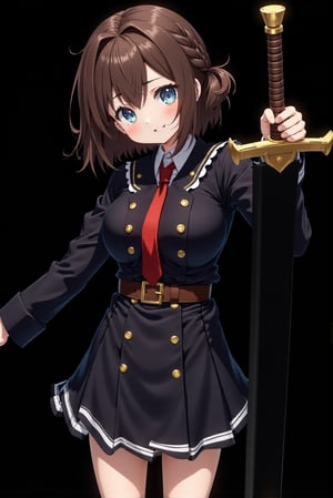 8k, detailed, anime art style, a young lady in a military uniform. She is holding a large sword in her right hand and is standing in front of a black background. The girl has shoulder-length brown hair with braided crown and blue eyes. She is wearing a black jacket with a red tie, a black skirt, and a brown belt with a gold buckle. The sword has a long straight blade and a golden hilt. She appears to be happy and very energised.