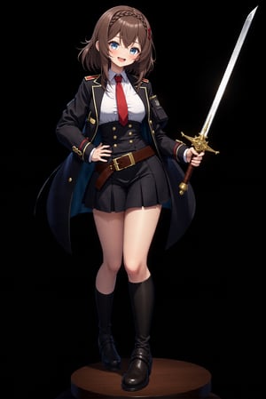 8k, detailed, anime art style, a young lady in a military uniform. She is holding a large sword in her right hand and is standing in front of a black background. The girl has shoulder-length brown hair with braided crown and blue eyes. She is wearing a black jacket with a red tie, a black skirt, and a brown belt with a gold buckle. The sword has a long straight blade and a golden hilt. She appears to be happy and very energised.