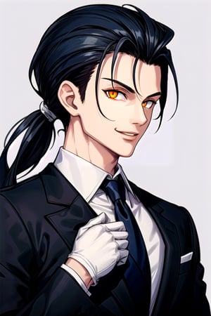 one male, cool, facing viewer,
slicked back hair, low ponytail, dark blue hair, white hair bind,
orange color eyes,
business suit, white tie, black gloves, dark outfit,
grey color background,